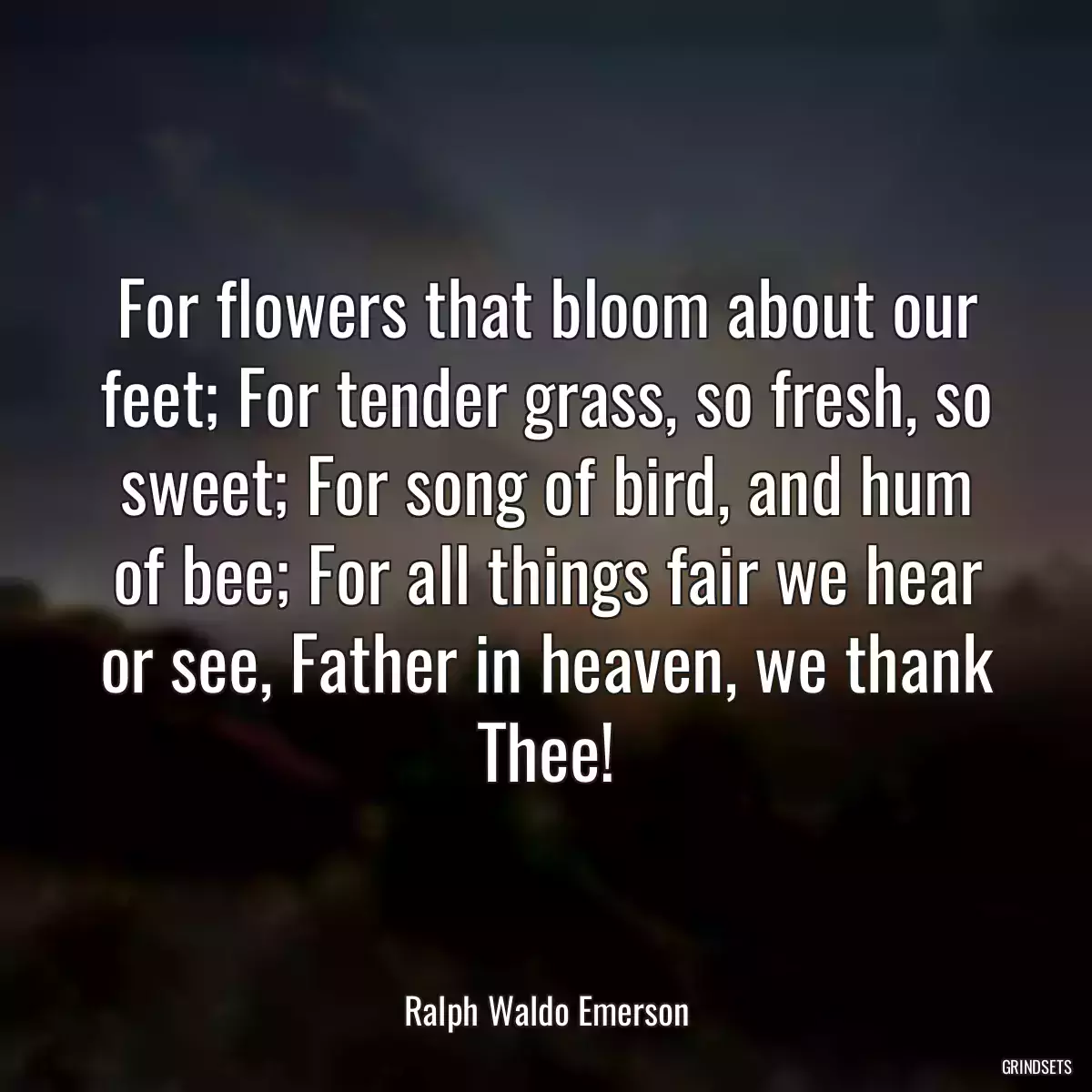 For flowers that bloom about our feet; For tender grass, so fresh, so sweet; For song of bird, and hum of bee; For all things fair we hear or see, Father in heaven, we thank Thee!