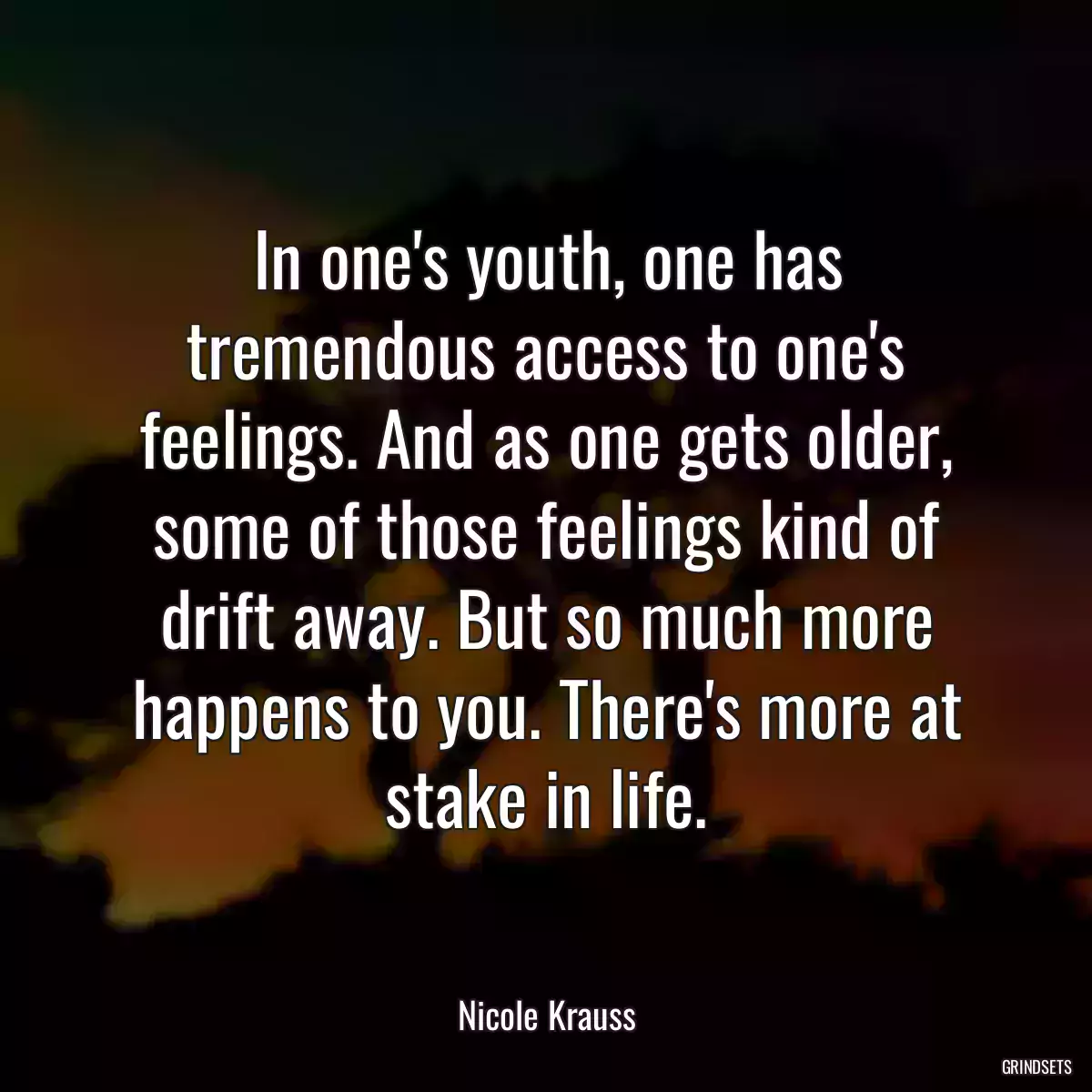 In one\'s youth, one has tremendous access to one\'s feelings. And as one gets older, some of those feelings kind of drift away. But so much more happens to you. There\'s more at stake in life.