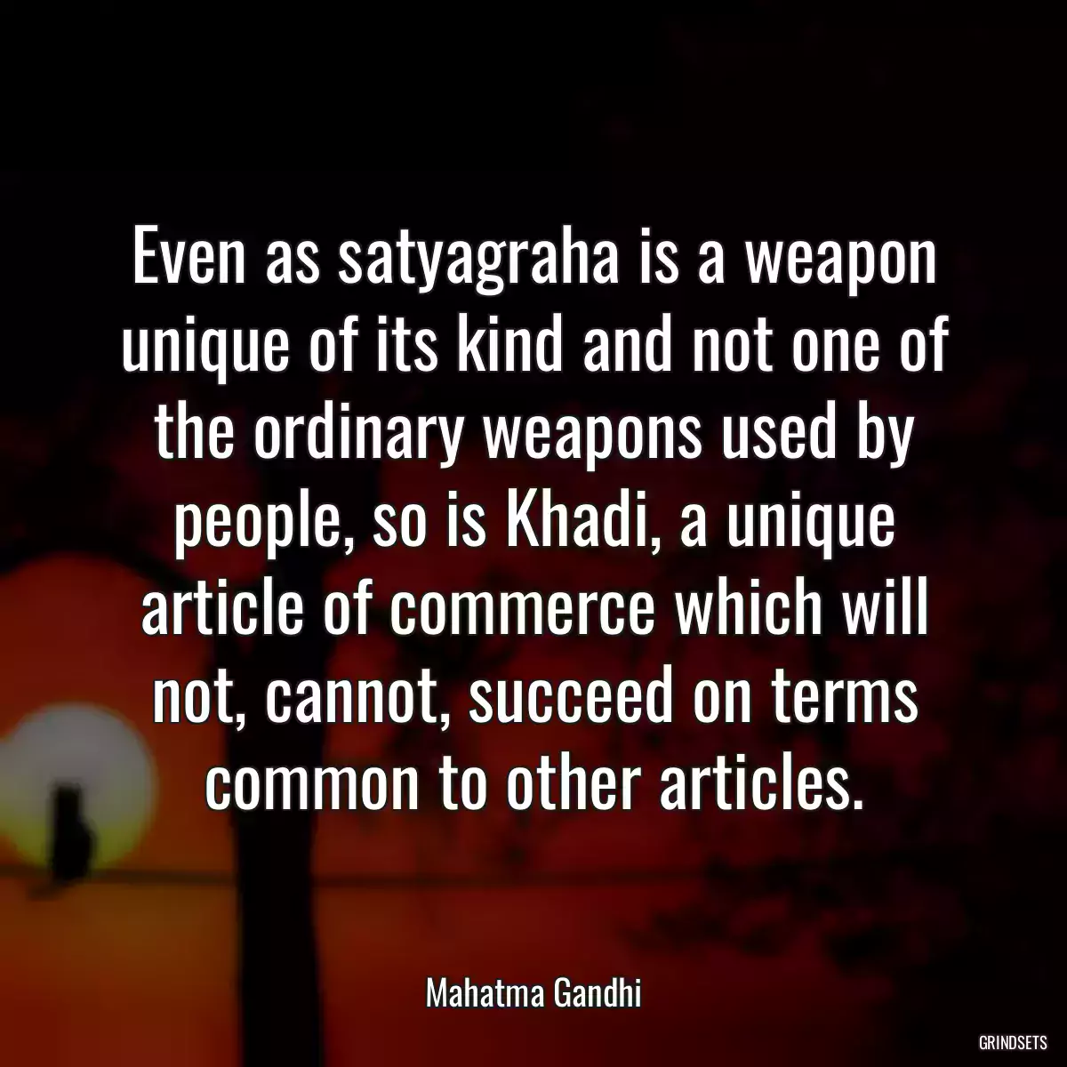 Even as satyagraha is a weapon unique of its kind and not one of the ordinary weapons used by people, so is Khadi, a unique article of commerce which will not, cannot, succeed on terms common to other articles.