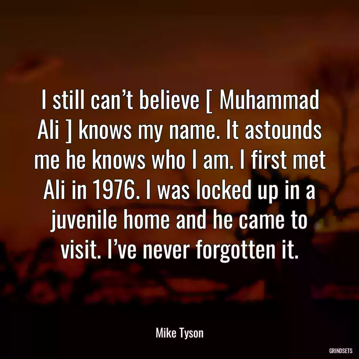 I still can’t believe [ Muhammad Ali ] knows my name. It astounds me he knows who I am. I first met Ali in 1976. I was locked up in a juvenile home and he came to visit. I’ve never forgotten it.