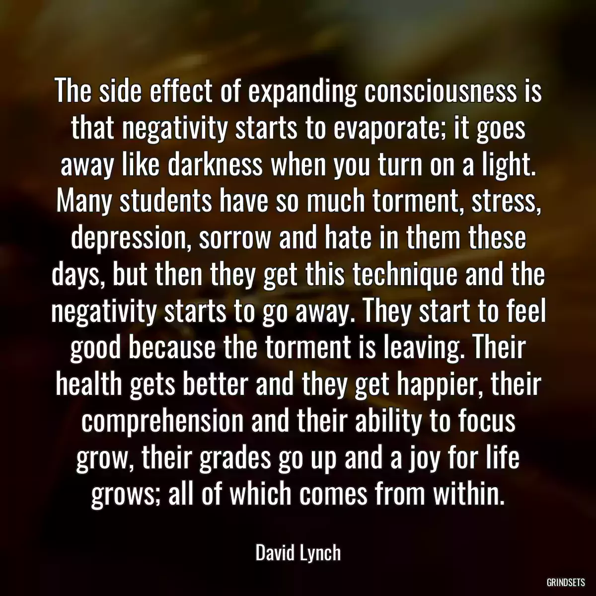 The side effect of expanding consciousness is that negativity starts to evaporate; it goes away like darkness when you turn on a light. Many students have so much torment, stress, depression, sorrow and hate in them these days, but then they get this technique and the negativity starts to go away. They start to feel good because the torment is leaving. Their health gets better and they get happier, their comprehension and their ability to focus grow, their grades go up and a joy for life grows; all of which comes from within.