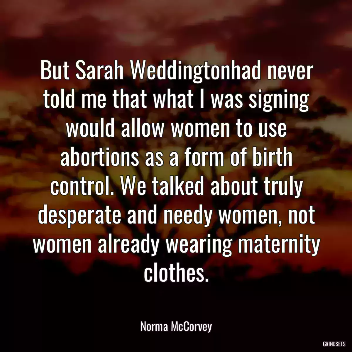 But Sarah Weddingtonhad never told me that what I was signing would allow women to use abortions as a form of birth control. We talked about truly desperate and needy women, not women already wearing maternity clothes.