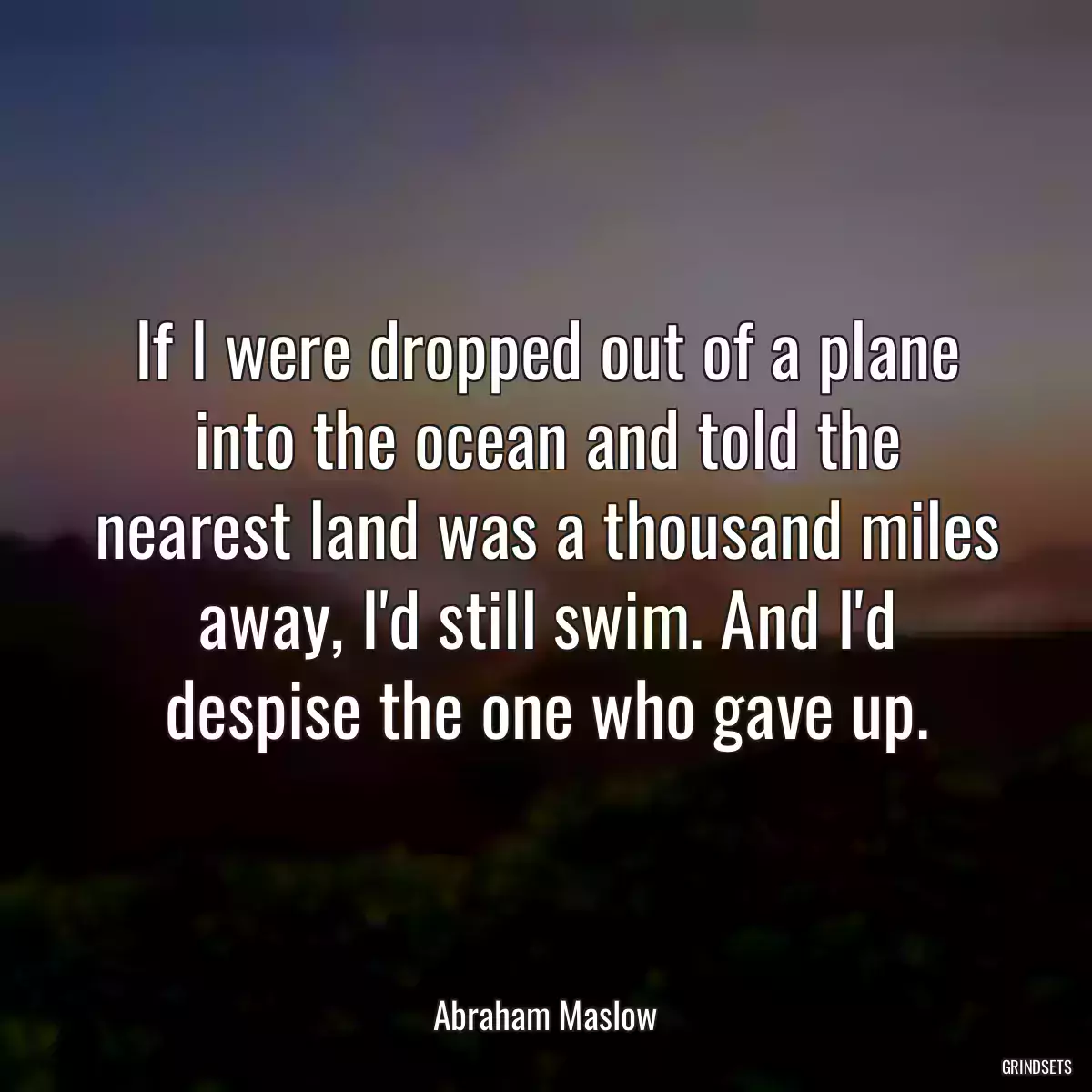 If I were dropped out of a plane into the ocean and told the nearest land was a thousand miles away, I\'d still swim. And I\'d despise the one who gave up.