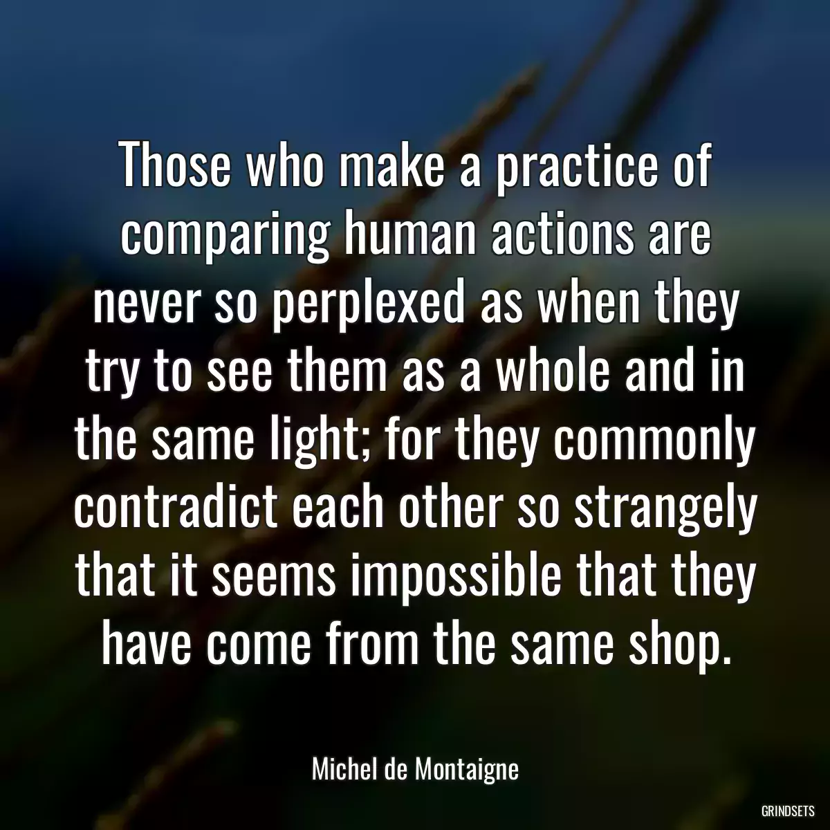 Those who make a practice of comparing human actions are never so perplexed as when they try to see them as a whole and in the same light; for they commonly contradict each other so strangely that it seems impossible that they have come from the same shop.