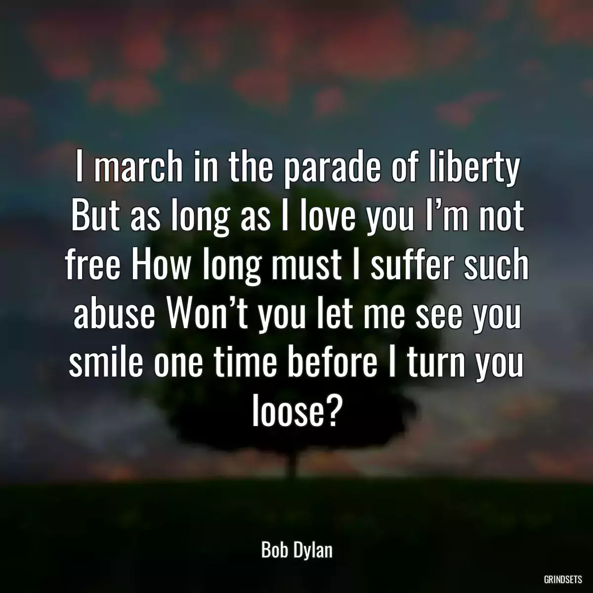 I march in the parade of liberty But as long as I love you I’m not free How long must I suffer such abuse Won’t you let me see you smile one time before I turn you loose?