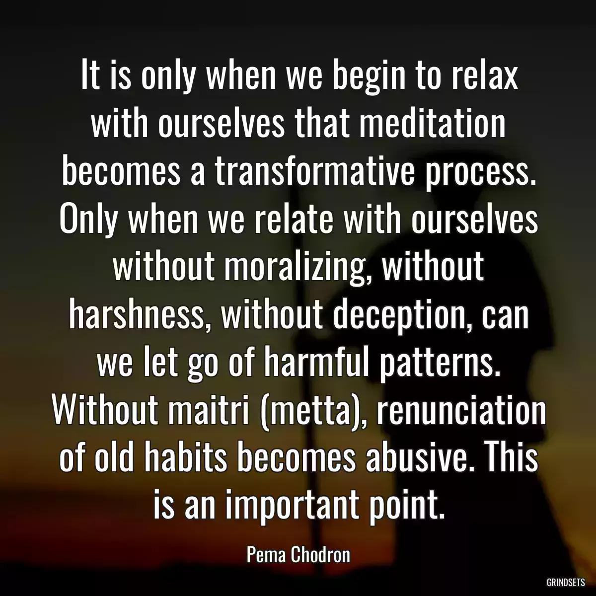 It is only when we begin to relax with ourselves that meditation becomes a transformative process. Only when we relate with ourselves without moralizing, without harshness, without deception, can we let go of harmful patterns. Without maitri (metta), renunciation of old habits becomes abusive. This is an important point.