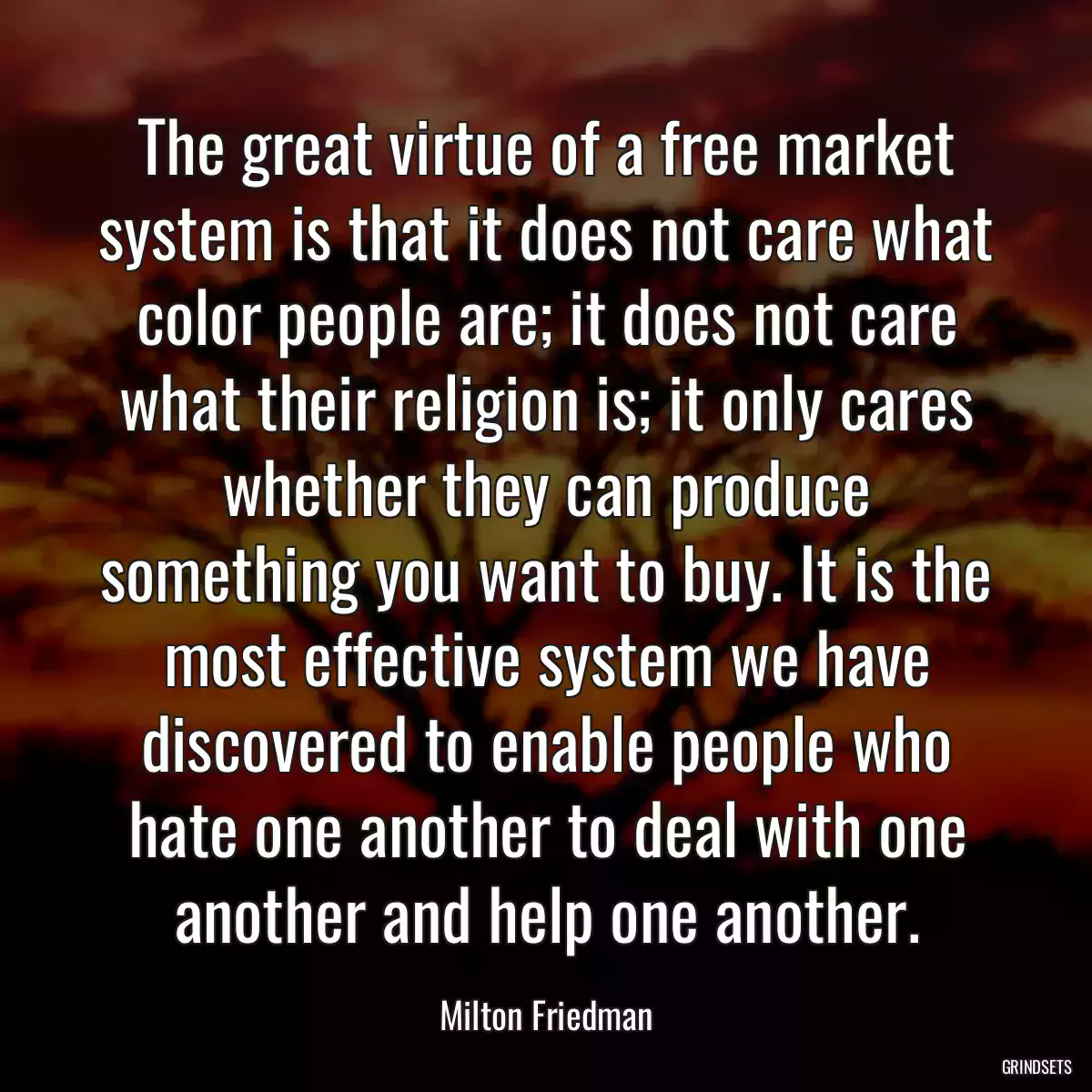 The great virtue of a free market system is that it does not care what color people are; it does not care what their religion is; it only cares whether they can produce something you want to buy. It is the most effective system we have discovered to enable people who hate one another to deal with one another and help one another.