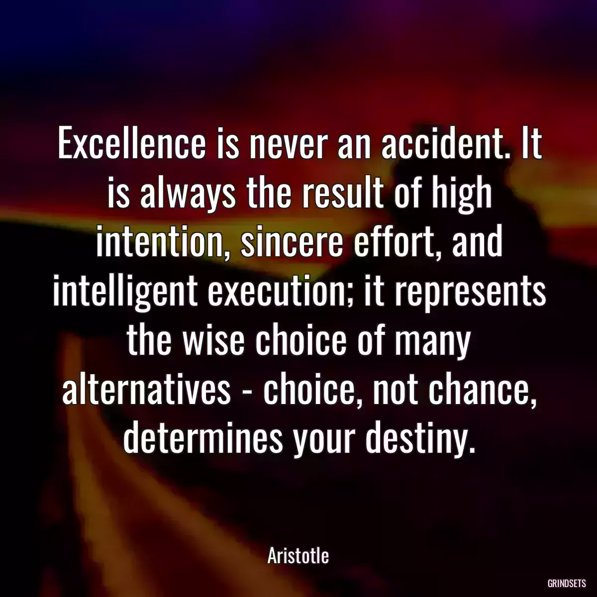 Excellence is never an accident. It is always the result of high intention, sincere effort, and intelligent execution; it represents the wise choice of many alternatives - choice, not chance, determines your destiny.