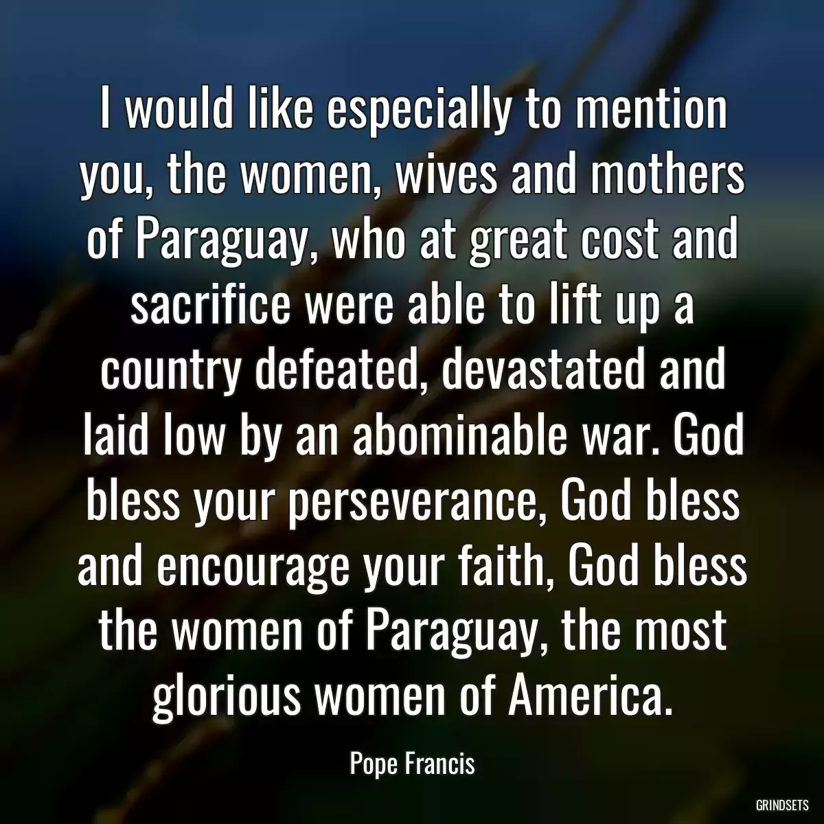 I would like especially to mention you, the women, wives and mothers of Paraguay, who at great cost and sacrifice were able to lift up a country defeated, devastated and laid low by an abominable war. God bless your perseverance, God bless and encourage your faith, God bless the women of Paraguay, the most glorious women of America.