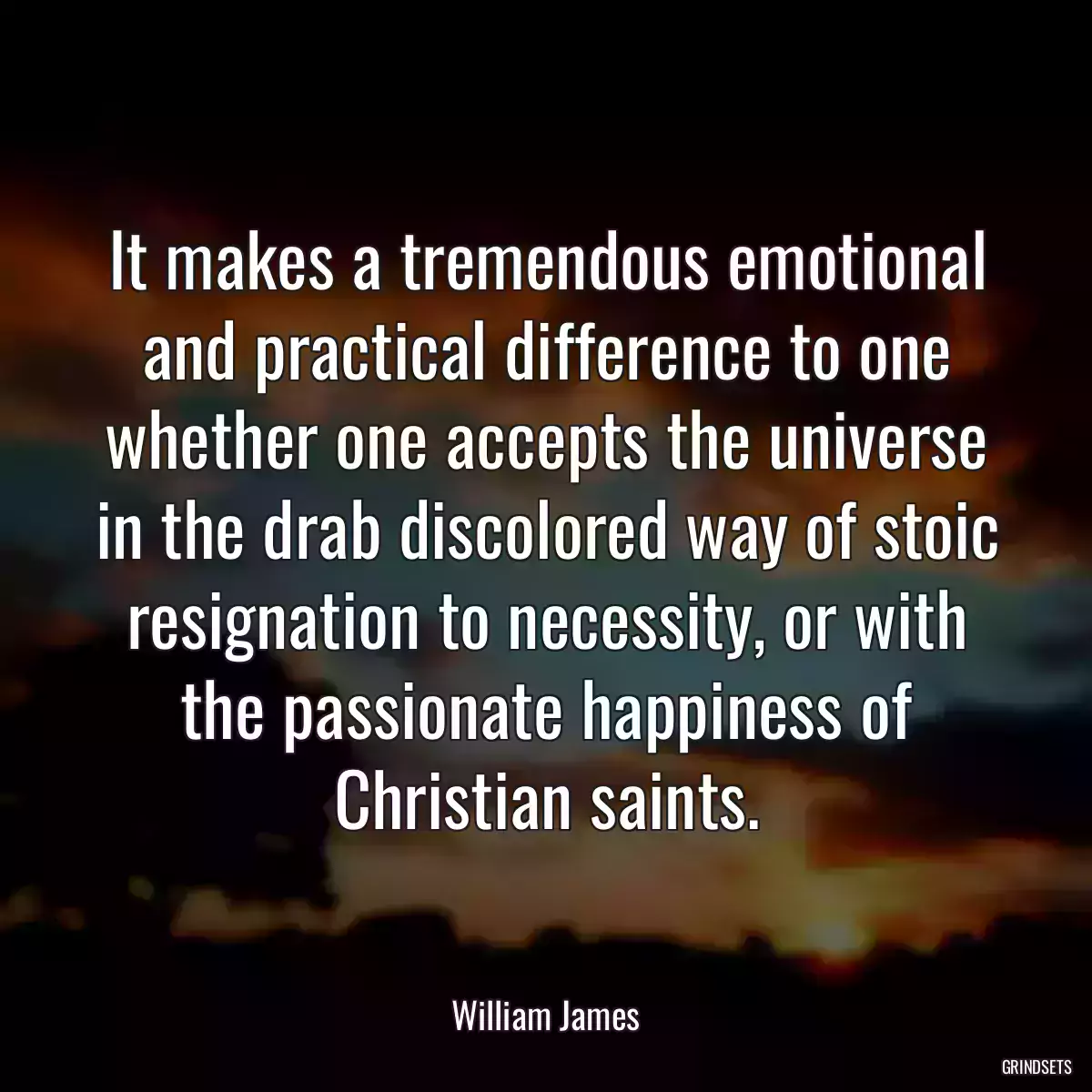 It makes a tremendous emotional and practical difference to one whether one accepts the universe in the drab discolored way of stoic resignation to necessity, or with the passionate happiness of Christian saints.