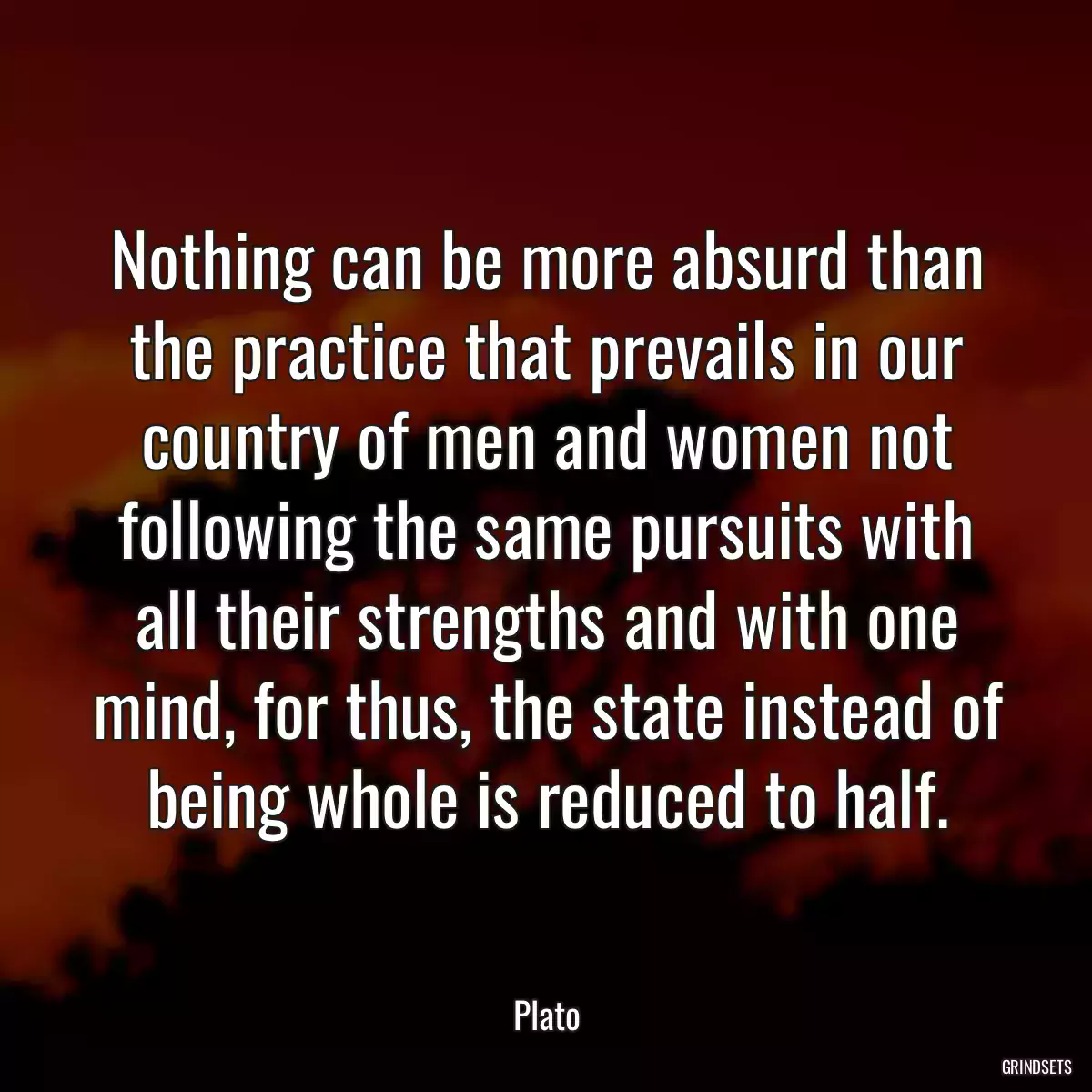 Nothing can be more absurd than the practice that prevails in our country of men and women not following the same pursuits with all their strengths and with one mind, for thus, the state instead of being whole is reduced to half.