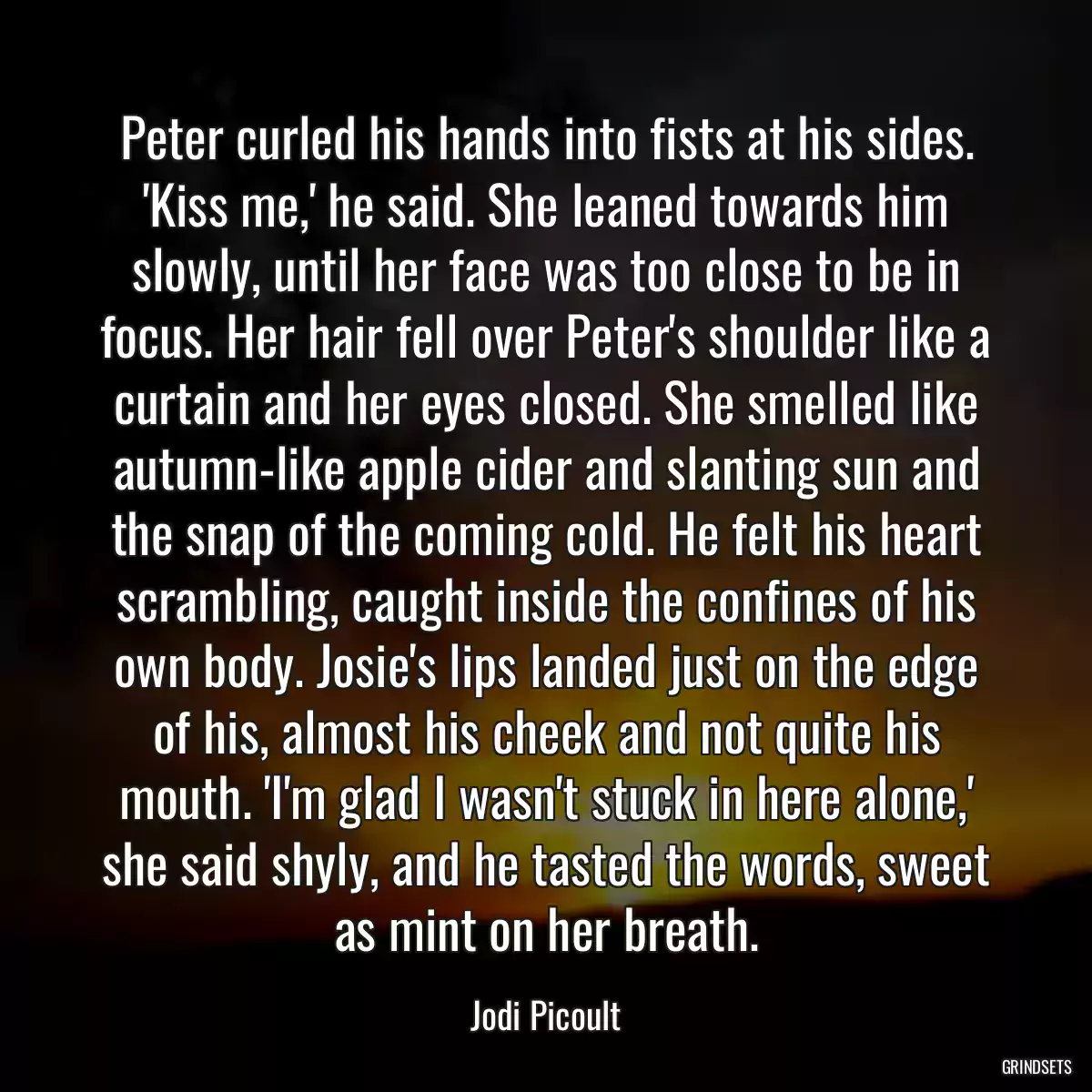 Peter curled his hands into fists at his sides. \'Kiss me,\' he said. She leaned towards him slowly, until her face was too close to be in focus. Her hair fell over Peter\'s shoulder like a curtain and her eyes closed. She smelled like autumn-like apple cider and slanting sun and the snap of the coming cold. He felt his heart scrambling, caught inside the confines of his own body. Josie\'s lips landed just on the edge of his, almost his cheek and not quite his mouth. \'I\'m glad I wasn\'t stuck in here alone,\' she said shyly, and he tasted the words, sweet as mint on her breath.