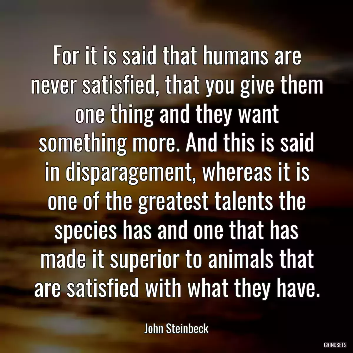 For it is said that humans are never satisfied, that you give them one thing and they want something more. And this is said in disparagement, whereas it is one of the greatest talents the species has and one that has made it superior to animals that are satisfied with what they have.