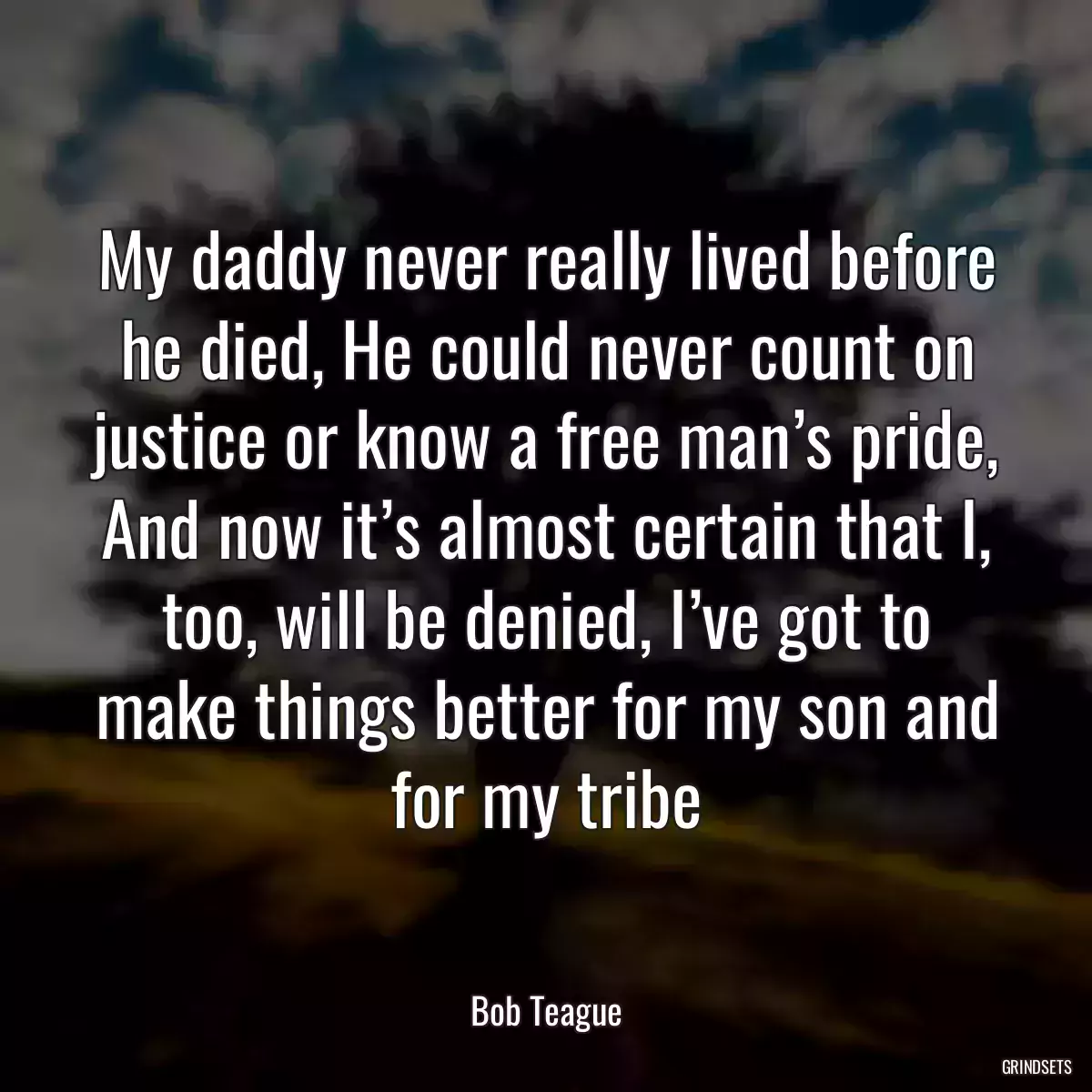 My daddy never really lived before he died, He could never count on justice or know a free man’s pride, And now it’s almost certain that I, too, will be denied, I’ve got to make things better for my son and for my tribe