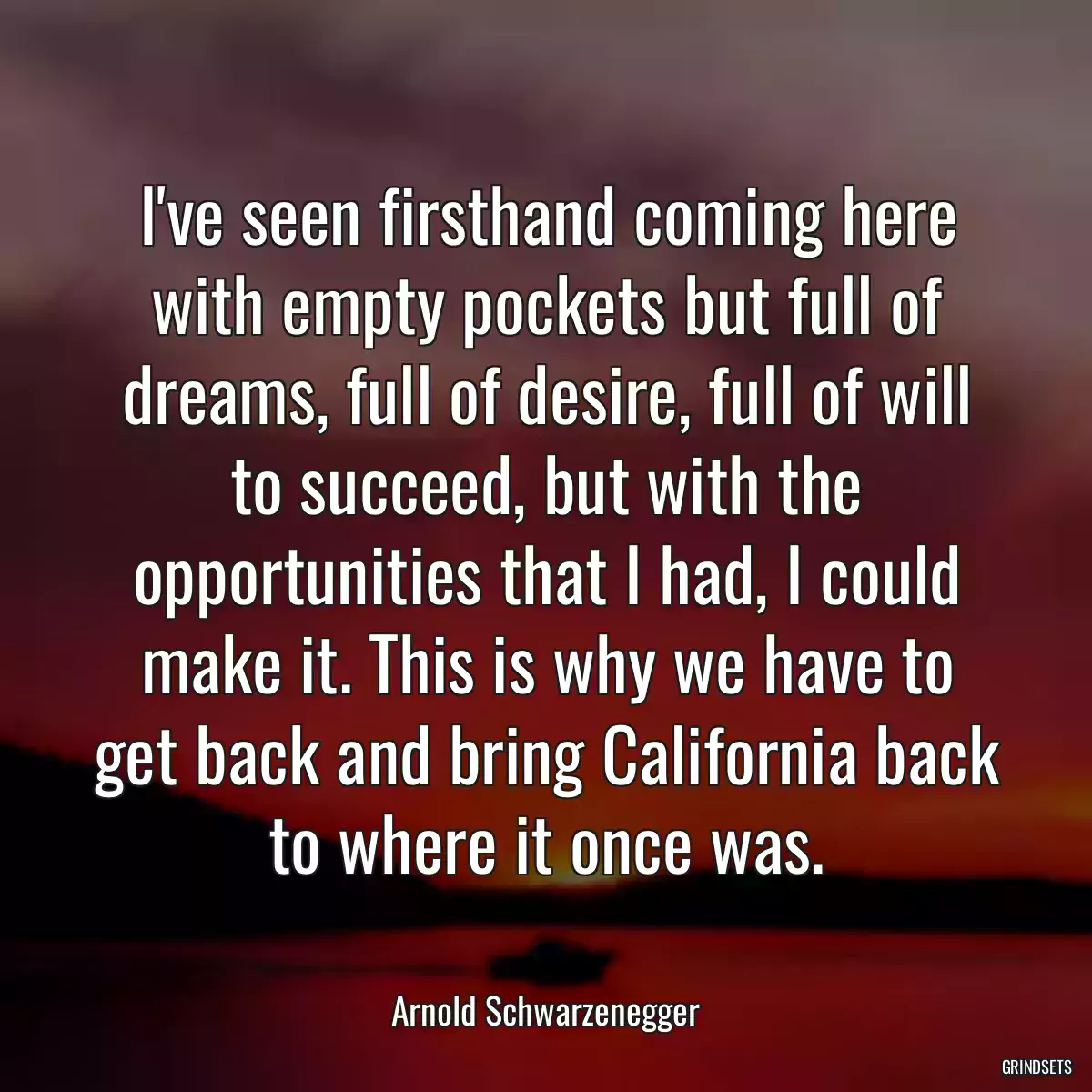 I\'ve seen firsthand coming here with empty pockets but full of dreams, full of desire, full of will to succeed, but with the opportunities that I had, I could make it. This is why we have to get back and bring California back to where it once was.