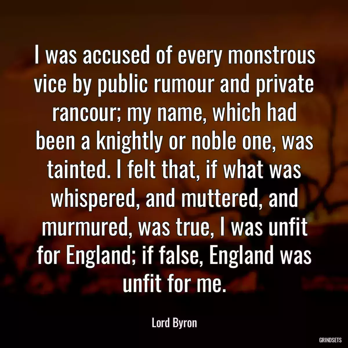 I was accused of every monstrous vice by public rumour and private rancour; my name, which had been a knightly or noble one, was tainted. I felt that, if what was whispered, and muttered, and murmured, was true, I was unfit for England; if false, England was unfit for me.