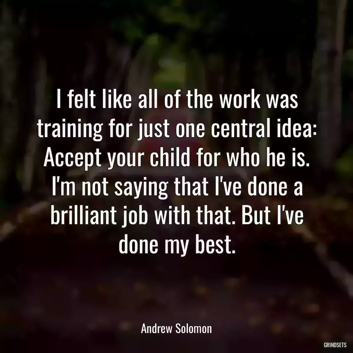 I felt like all of the work was training for just one central idea: Accept your child for who he is. I\'m not saying that I\'ve done a brilliant job with that. But I\'ve done my best.