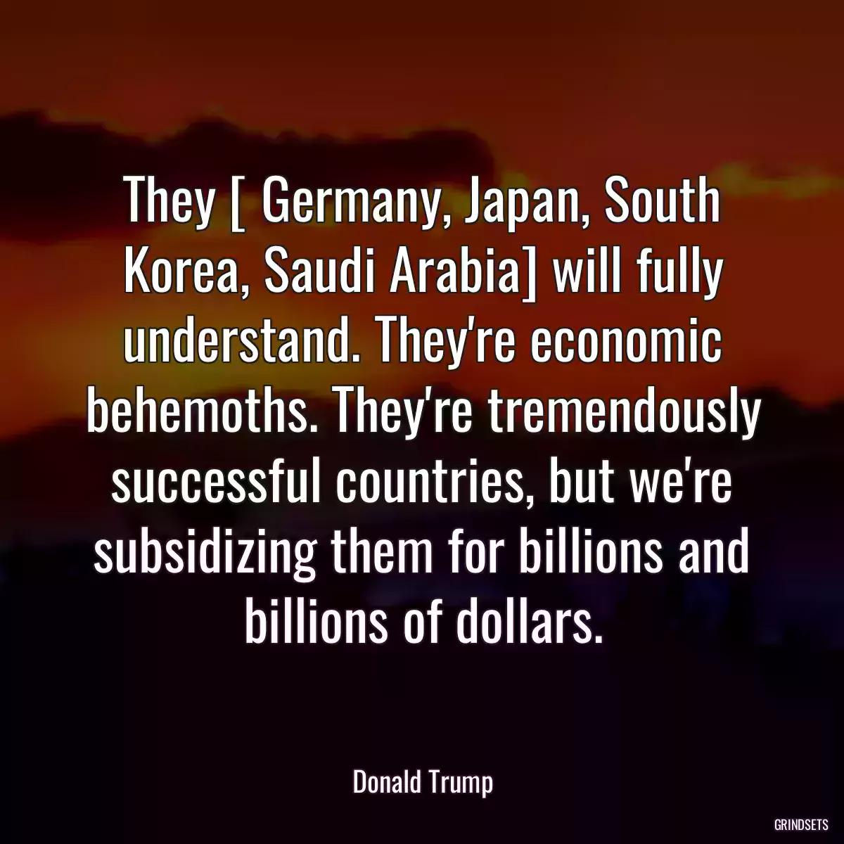 They [ Germany, Japan, South Korea, Saudi Arabia] will fully understand. They\'re economic behemoths. They\'re tremendously successful countries, but we\'re subsidizing them for billions and billions of dollars.