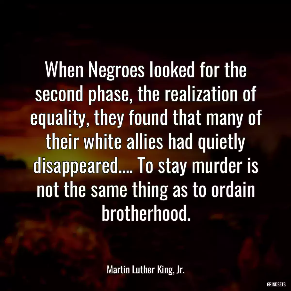 When Negroes looked for the second phase, the realization of equality, they found that many of their white allies had quietly disappeared.... To stay murder is not the same thing as to ordain brotherhood.