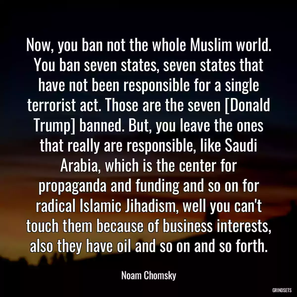 Now, you ban not the whole Muslim world. You ban seven states, seven states that have not been responsible for a single terrorist act. Those are the seven [Donald Trump] banned. But, you leave the ones that really are responsible, like Saudi Arabia, which is the center for propaganda and funding and so on for radical Islamic Jihadism, well you can\'t touch them because of business interests, also they have oil and so on and so forth.