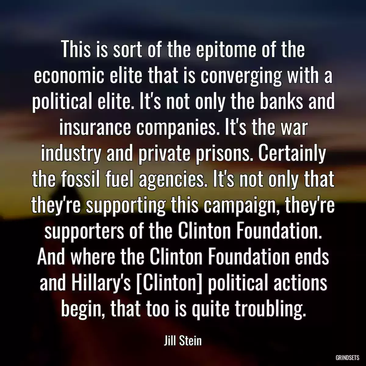 This is sort of the epitome of the economic elite that is converging with a political elite. It\'s not only the banks and insurance companies. It\'s the war industry and private prisons. Certainly the fossil fuel agencies. It\'s not only that they\'re supporting this campaign, they\'re supporters of the Clinton Foundation. And where the Clinton Foundation ends and Hillary\'s [Clinton] political actions begin, that too is quite troubling.