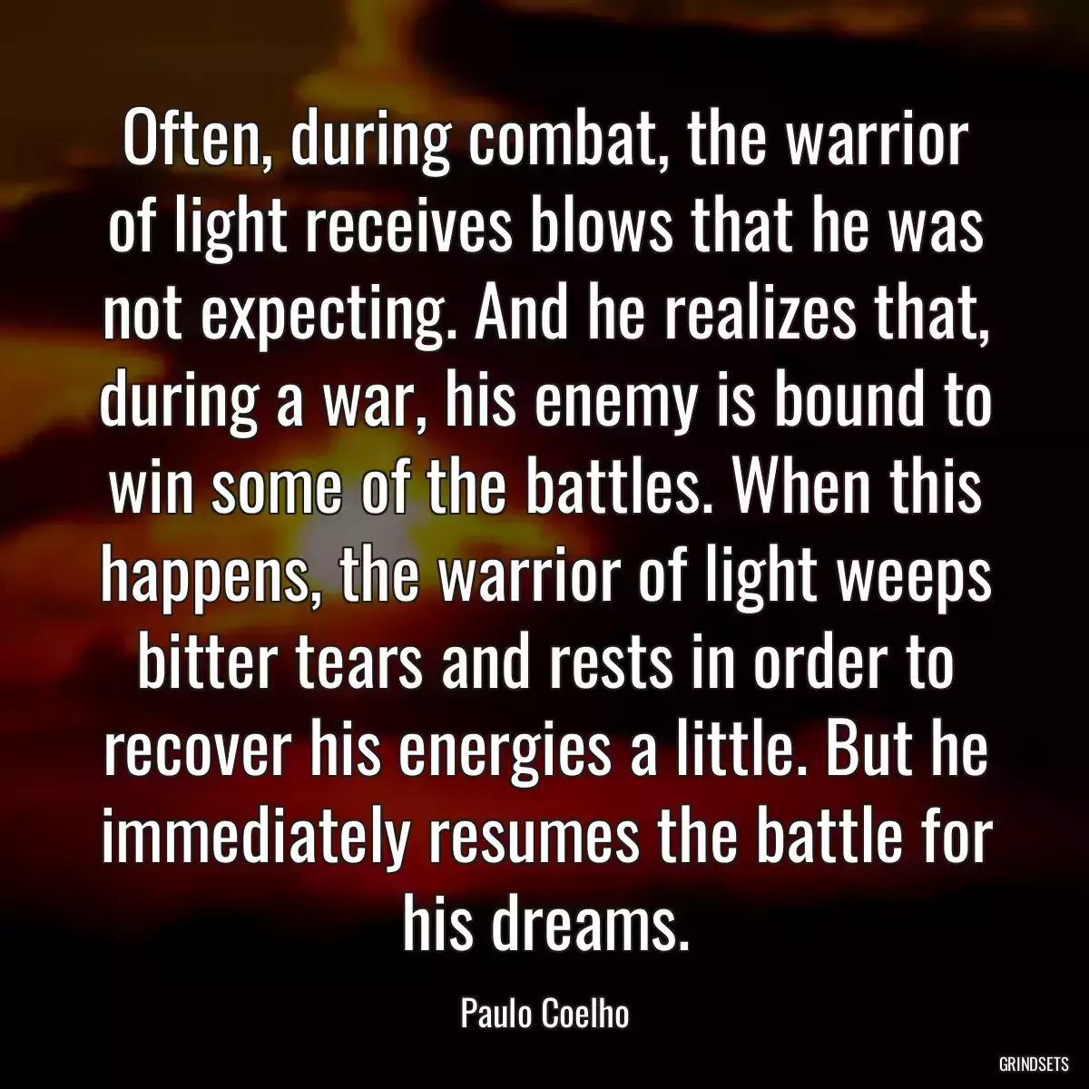 Often, during combat, the warrior of light receives blows that he was not expecting. And he realizes that, during a war, his enemy is bound to win some of the battles. When this happens, the warrior of light weeps bitter tears and rests in order to recover his energies a little. But he immediately resumes the battle for his dreams.