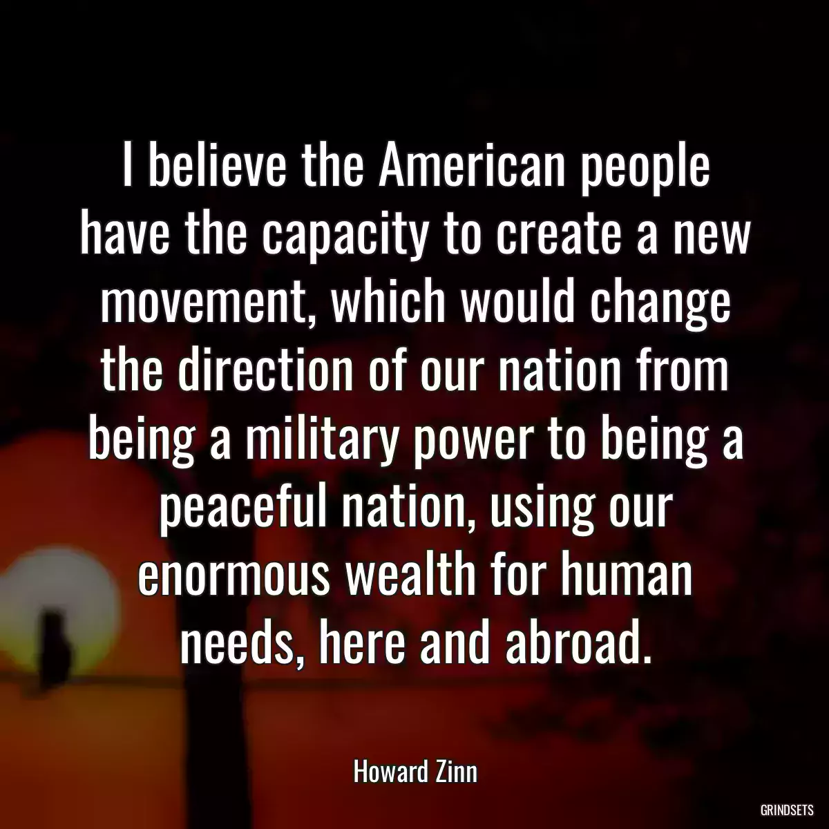 I believe the American people have the capacity to create a new movement, which would change the direction of our nation from being a military power to being a peaceful nation, using our enormous wealth for human needs, here and abroad.