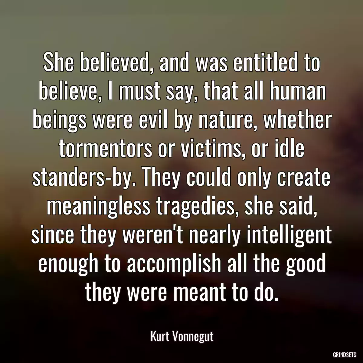 She believed, and was entitled to believe, I must say, that all human beings were evil by nature, whether tormentors or victims, or idle standers-by. They could only create meaningless tragedies, she said, since they weren\'t nearly intelligent enough to accomplish all the good they were meant to do.