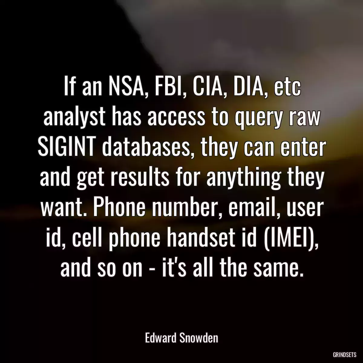 If an NSA, FBI, CIA, DIA, etc analyst has access to query raw SIGINT databases, they can enter and get results for anything they want. Phone number, email, user id, cell phone handset id (IMEI), and so on - it\'s all the same.