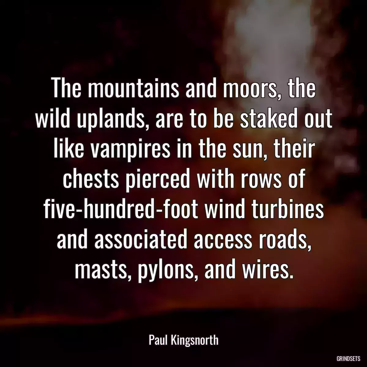 The mountains and moors, the wild uplands, are to be staked out like vampires in the sun, their chests pierced with rows of five-hundred-foot wind turbines and associated access roads, masts, pylons, and wires.