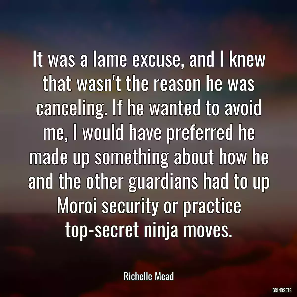 It was a lame excuse, and I knew that wasn\'t the reason he was canceling. If he wanted to avoid me, I would have preferred he made up something about how he and the other guardians had to up Moroi security or practice top-secret ninja moves.