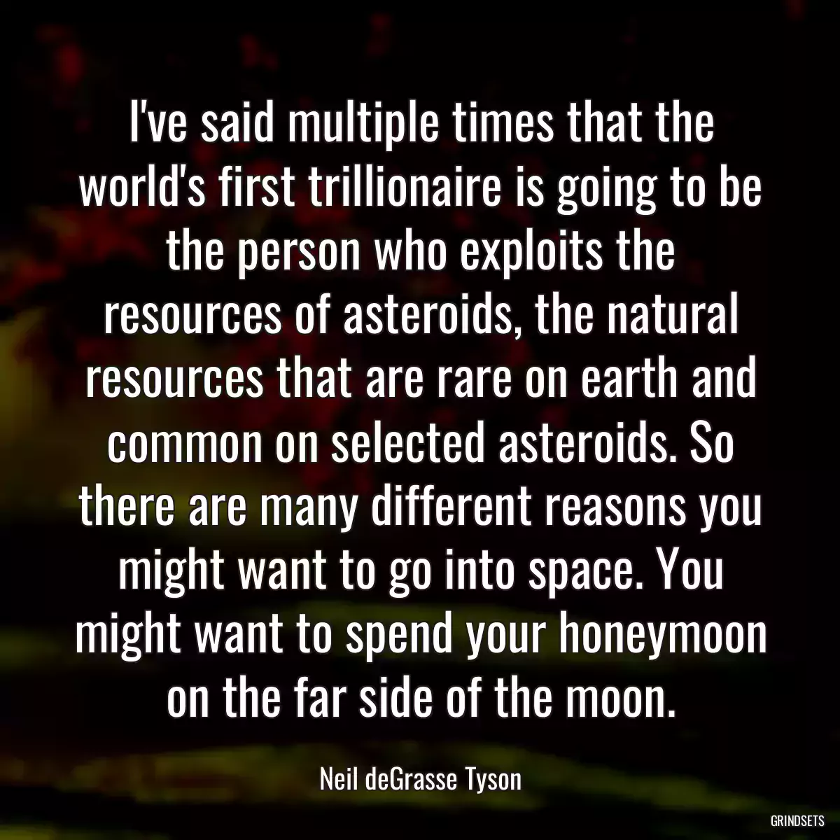 I\'ve said multiple times that the world\'s first trillionaire is going to be the person who exploits the resources of asteroids, the natural resources that are rare on earth and common on selected asteroids. So there are many different reasons you might want to go into space. You might want to spend your honeymoon on the far side of the moon.