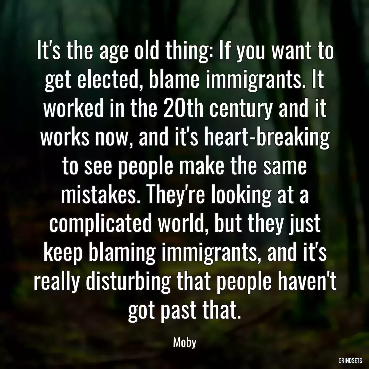 It\'s the age old thing: If you want to get elected, blame immigrants. It worked in the 20th century and it works now, and it\'s heart-breaking to see people make the same mistakes. They\'re looking at a complicated world, but they just keep blaming immigrants, and it\'s really disturbing that people haven\'t got past that.