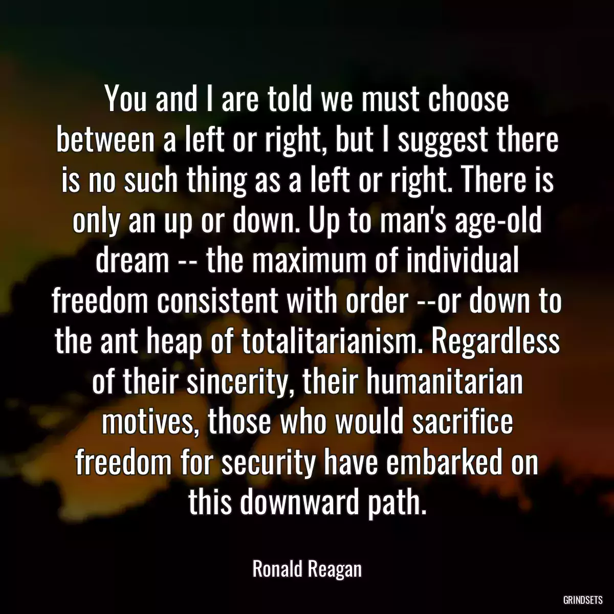 You and I are told we must choose between a left or right, but I suggest there is no such thing as a left or right. There is only an up or down. Up to man\'s age-old dream -- the maximum of individual freedom consistent with order --or down to the ant heap of totalitarianism. Regardless of their sincerity, their humanitarian motives, those who would sacrifice freedom for security have embarked on this downward path.