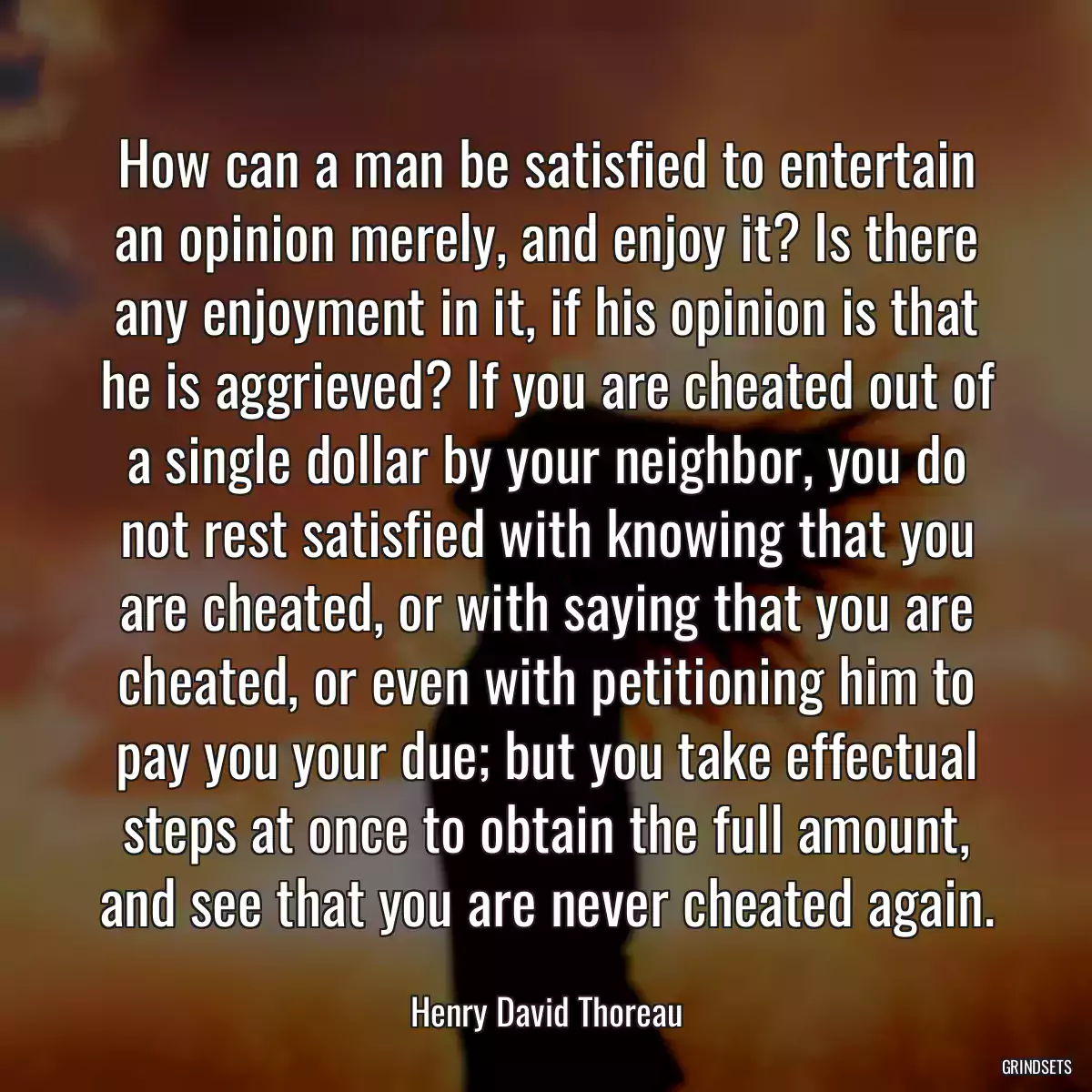 How can a man be satisfied to entertain an opinion merely, and enjoy it? Is there any enjoyment in it, if his opinion is that he is aggrieved? If you are cheated out of a single dollar by your neighbor, you do not rest satisfied with knowing that you are cheated, or with saying that you are cheated, or even with petitioning him to pay you your due; but you take effectual steps at once to obtain the full amount, and see that you are never cheated again.