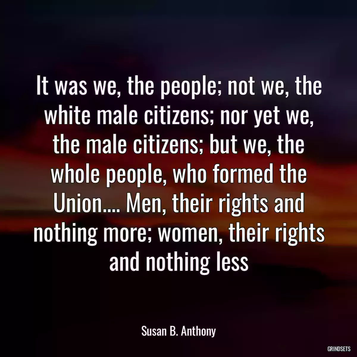 It was we, the people; not we, the white male citizens; nor yet we, the male citizens; but we, the whole people, who formed the Union.... Men, their rights and nothing more; women, their rights and nothing less