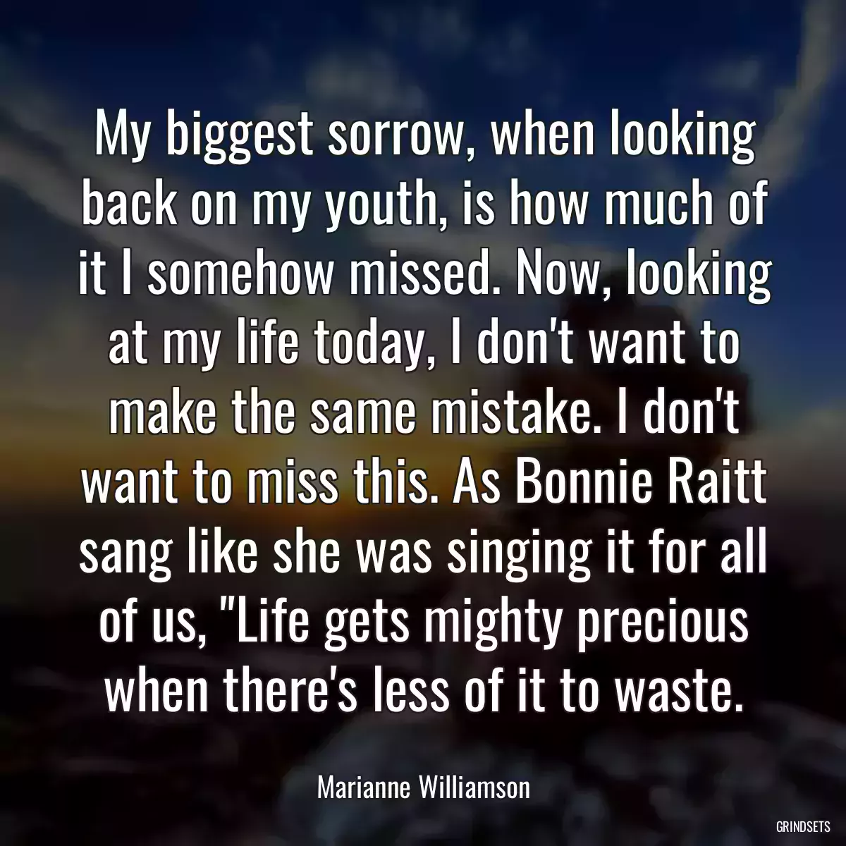 My biggest sorrow, when looking back on my youth, is how much of it I somehow missed. Now, looking at my life today, I don\'t want to make the same mistake. I don\'t want to miss this. As Bonnie Raitt sang like she was singing it for all of us, \