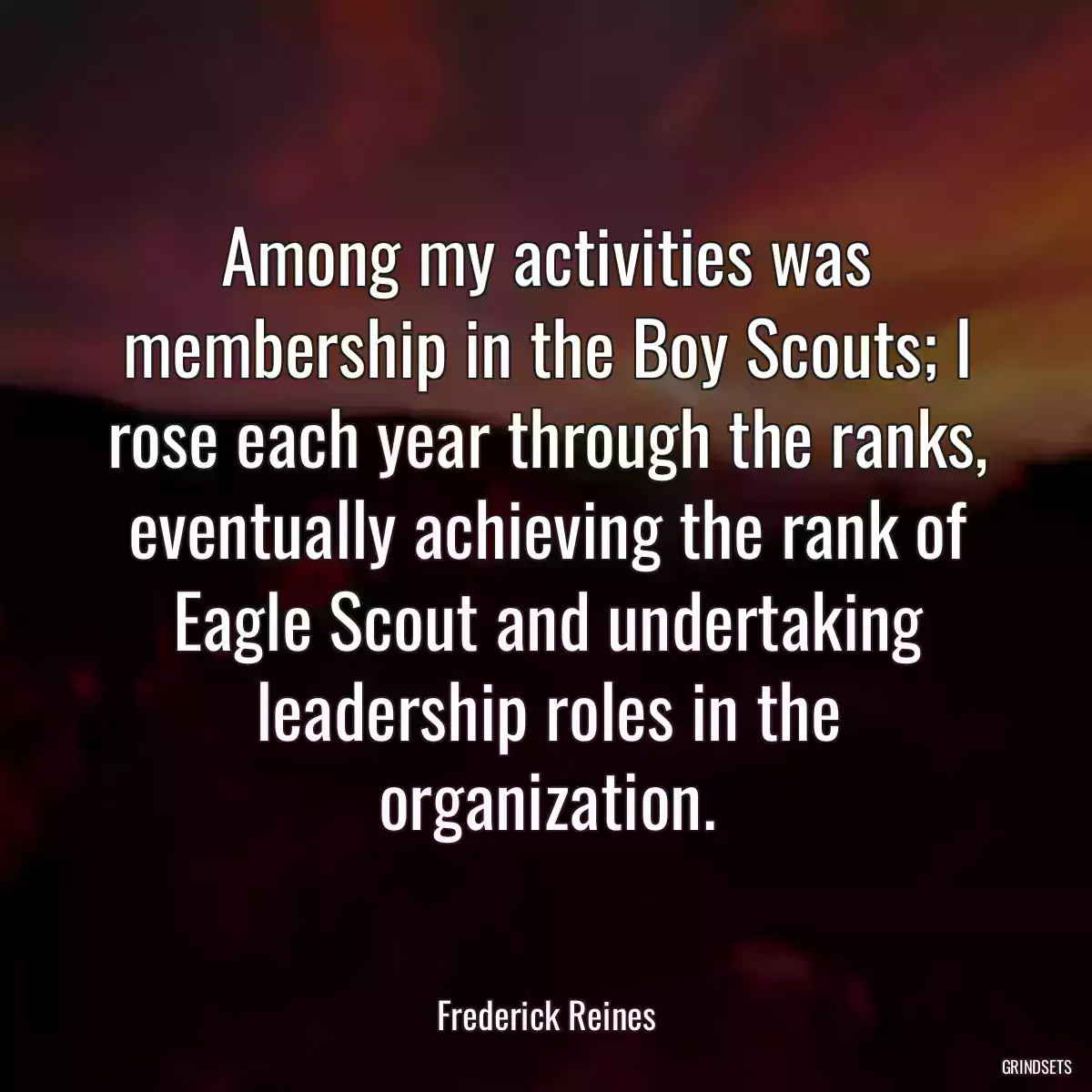 Among my activities was membership in the Boy Scouts; I rose each year through the ranks, eventually achieving the rank of Eagle Scout and undertaking leadership roles in the organization.