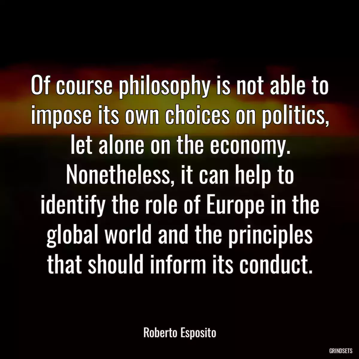 Of course philosophy is not able to impose its own choices on politics, let alone on the economy. Nonetheless, it can help to identify the role of Europe in the global world and the principles that should inform its conduct.