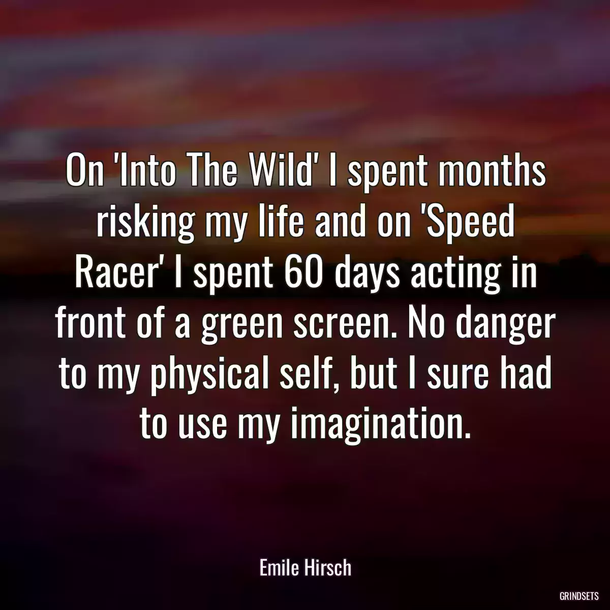 On \'Into The Wild\' I spent months risking my life and on \'Speed Racer\' I spent 60 days acting in front of a green screen. No danger to my physical self, but I sure had to use my imagination.