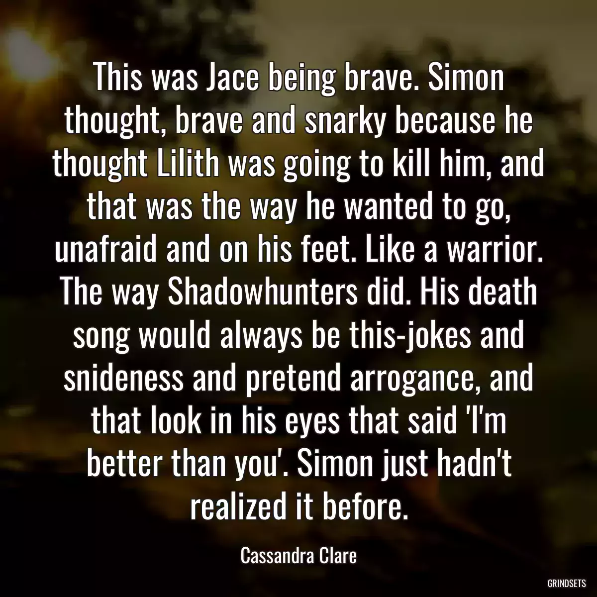 This was Jace being brave. Simon thought, brave and snarky because he thought Lilith was going to kill him, and that was the way he wanted to go, unafraid and on his feet. Like a warrior. The way Shadowhunters did. His death song would always be this-jokes and snideness and pretend arrogance, and that look in his eyes that said \'I\'m better than you\'. Simon just hadn\'t realized it before.