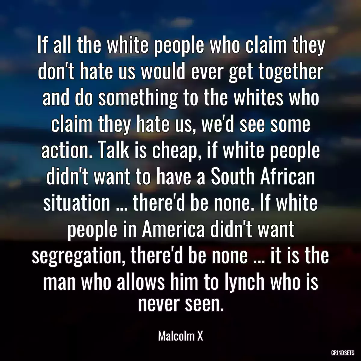 If all the white people who claim they don\'t hate us would ever get together and do something to the whites who claim they hate us, we\'d see some action. Talk is cheap, if white people didn\'t want to have a South African situation ... there\'d be none. If white people in America didn\'t want segregation, there\'d be none ... it is the man who allows him to lynch who is never seen.