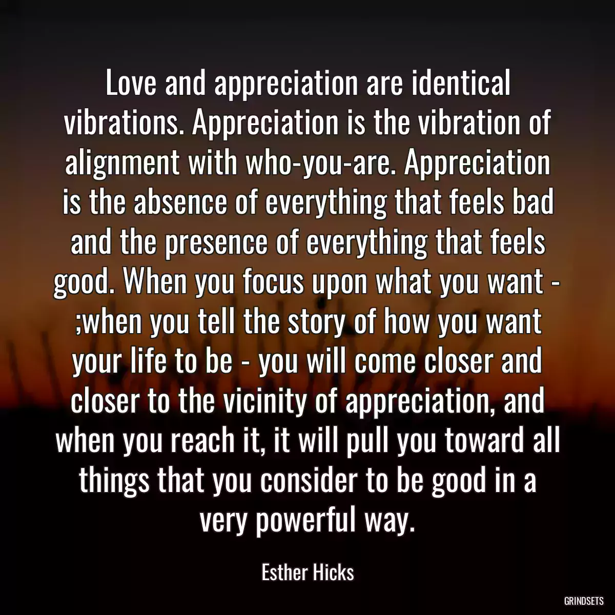 Love and appreciation are identical vibrations. Appreciation is the vibration of alignment with who-you-are. Appreciation is the absence of everything that feels bad and the presence of everything that feels good. When you focus upon what you want - ;when you tell the story of how you want your life to be - you will come closer and closer to the vicinity of appreciation, and when you reach it, it will pull you toward all things that you consider to be good in a very powerful way.