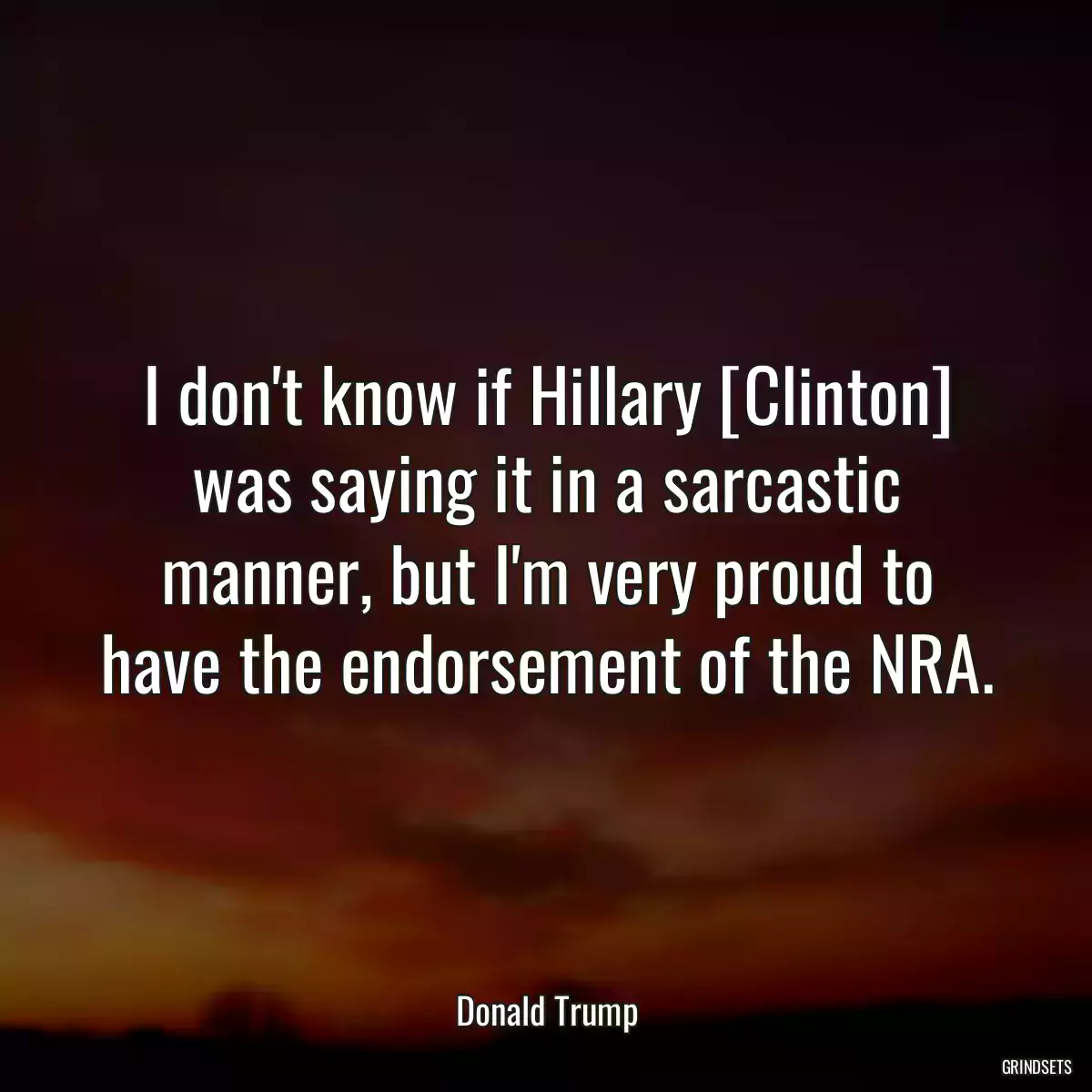 I don\'t know if Hillary [Clinton] was saying it in a sarcastic manner, but I\'m very proud to have the endorsement of the NRA.