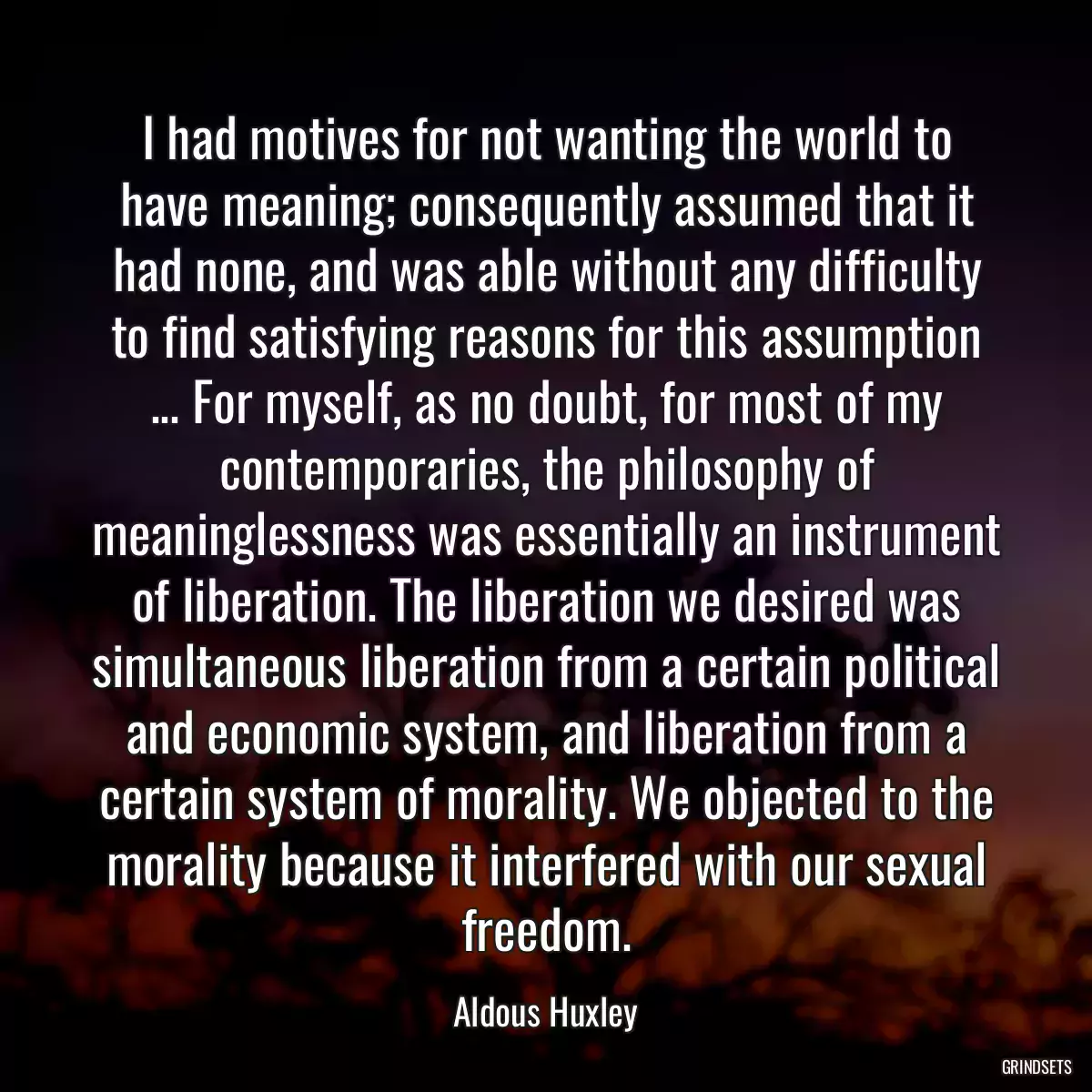 I had motives for not wanting the world to have meaning; consequently assumed that it had none, and was able without any difficulty to find satisfying reasons for this assumption ... For myself, as no doubt, for most of my contemporaries, the philosophy of meaninglessness was essentially an instrument of liberation. The liberation we desired was simultaneous liberation from a certain political and economic system, and liberation from a certain system of morality. We objected to the morality because it interfered with our sexual freedom.