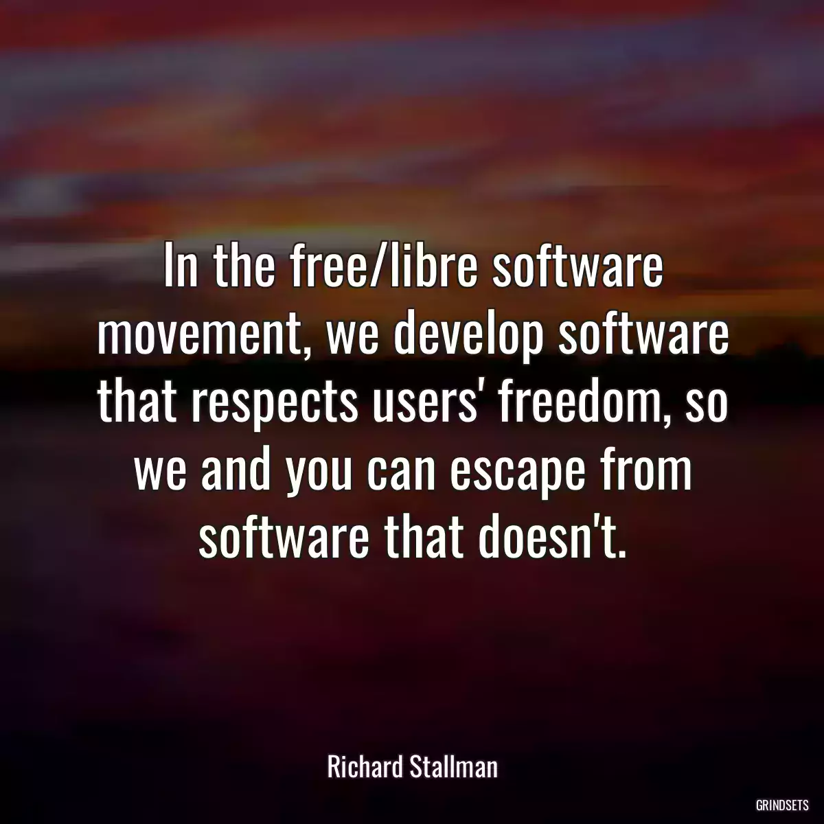 In the free/libre software movement, we develop software that respects users\' freedom, so we and you can escape from software that doesn\'t.