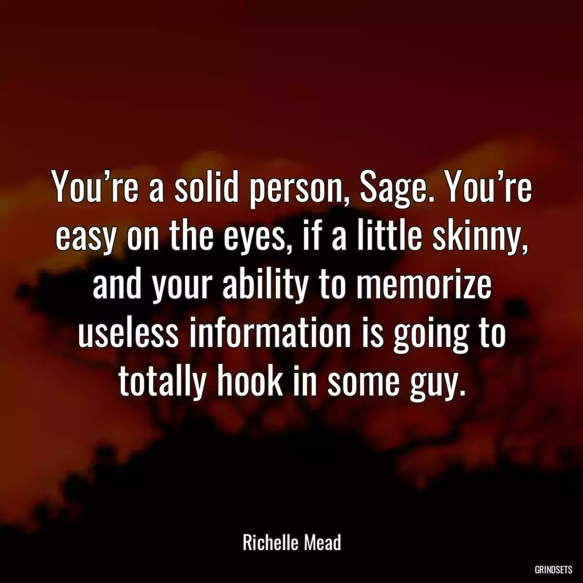 You’re a solid person, Sage. You’re easy on the eyes, if a little skinny, and your ability to memorize useless information is going to totally hook in some guy.