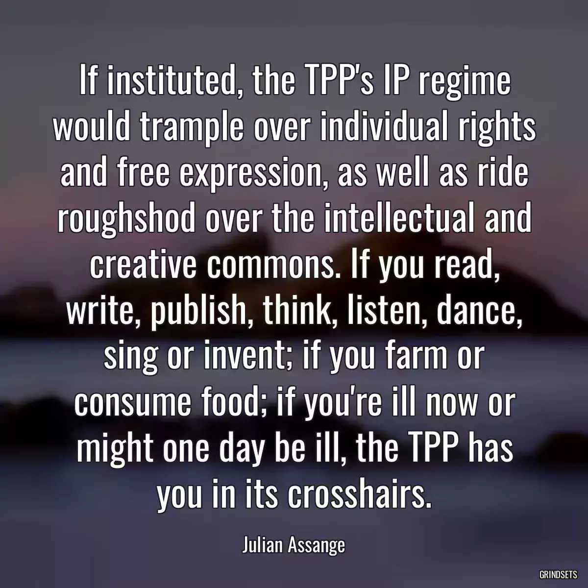 If instituted, the TPP\'s IP regime would trample over individual rights and free expression, as well as ride roughshod over the intellectual and creative commons. If you read, write, publish, think, listen, dance, sing or invent; if you farm or consume food; if you\'re ill now or might one day be ill, the TPP has you in its crosshairs.