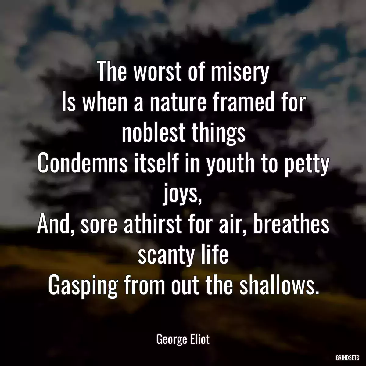 The worst of misery
Is when a nature framed for noblest things
Condemns itself in youth to petty joys,
And, sore athirst for air, breathes scanty life
Gasping from out the shallows.