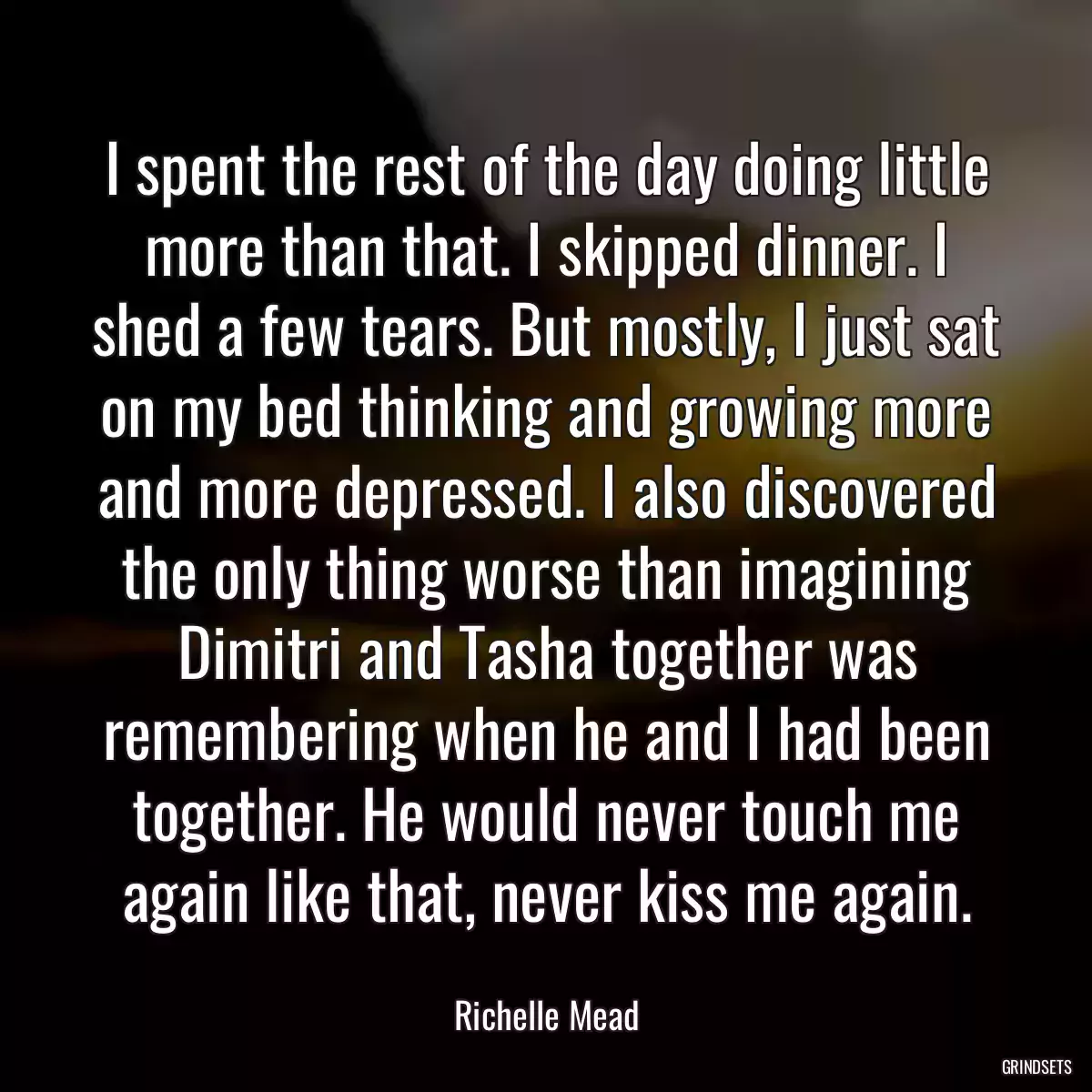 I spent the rest of the day doing little more than that. I skipped dinner. I shed a few tears. But mostly, I just sat on my bed thinking and growing more and more depressed. I also discovered the only thing worse than imagining Dimitri and Tasha together was remembering when he and I had been together. He would never touch me again like that, never kiss me again.